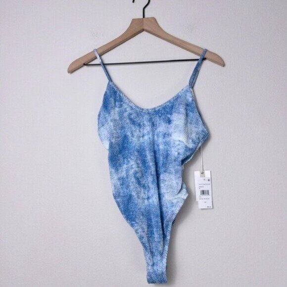 NWT Good American Always Fits One Piece Swimsuit 3/4 Indigo Tie Dye L/XL Stretch - Picture 4 of 9
